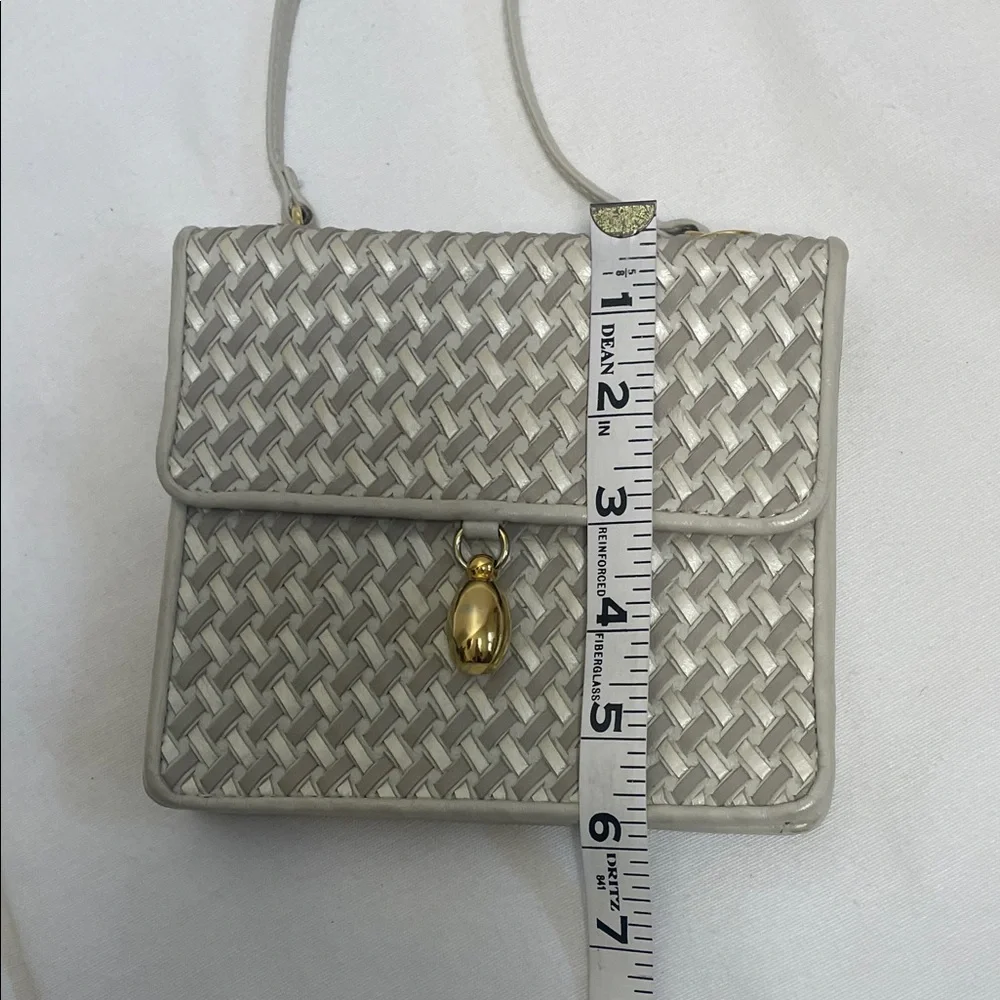 Genuine Leather Beige Silver Cream Woven Crossbody Bag with Gold Accent